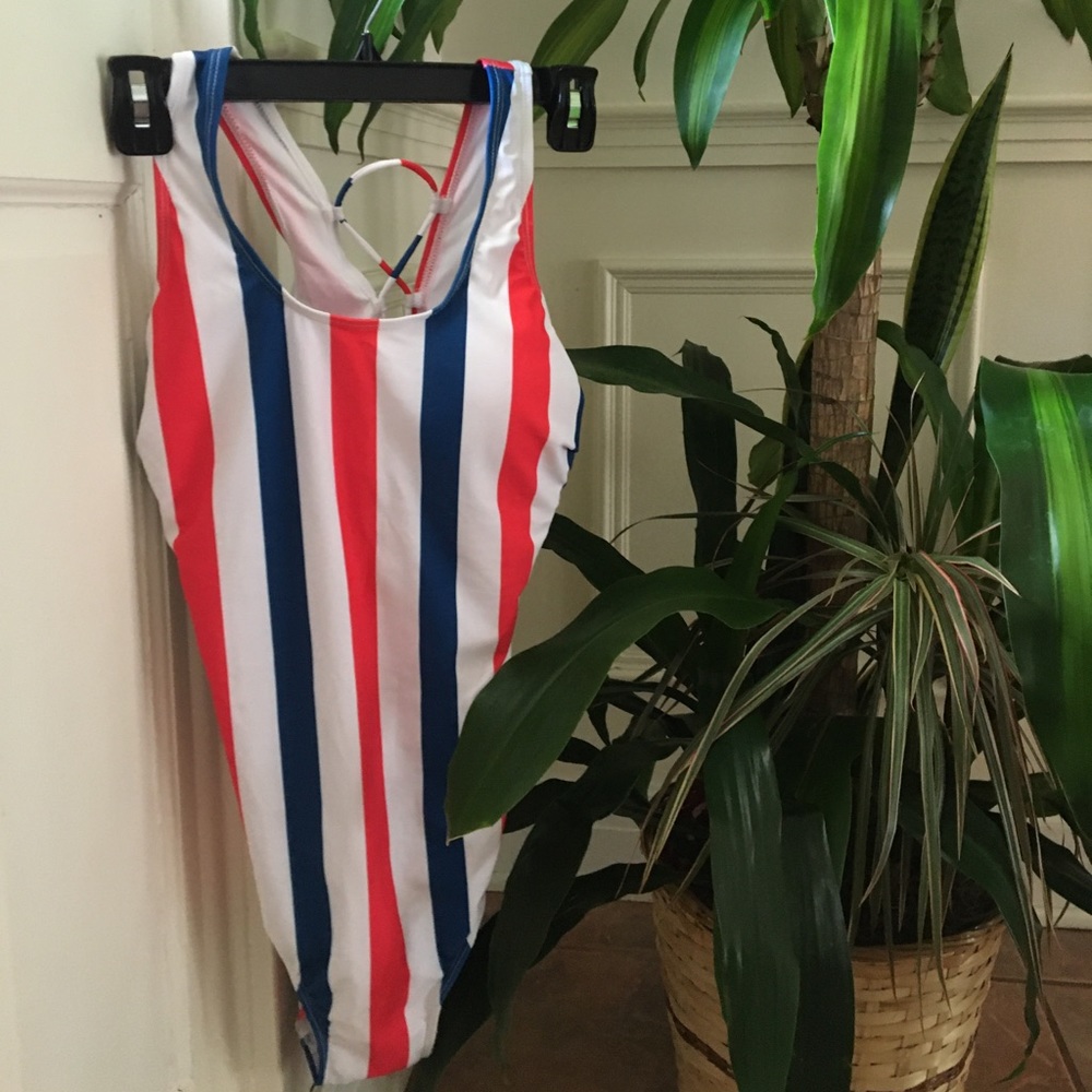 Red, white, blue striped one piece bathing suit